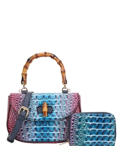2 in 1 Crocodile Bamboo Handle Tie-dyed Satchel Wallet Set CE-8904A BLUE